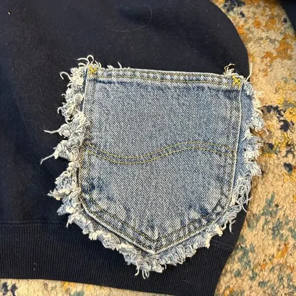 Western Upcycled Crew Sweatshirt Womens Large Blue Denim Patches Rodeo Party - Picture 4 of 5